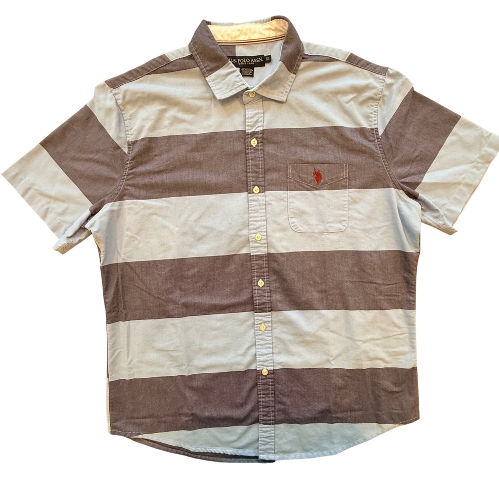 US Polo Assn Mens‎ XL Shirt Blue Striped Short Sleeve Button Down Pocket Preppy